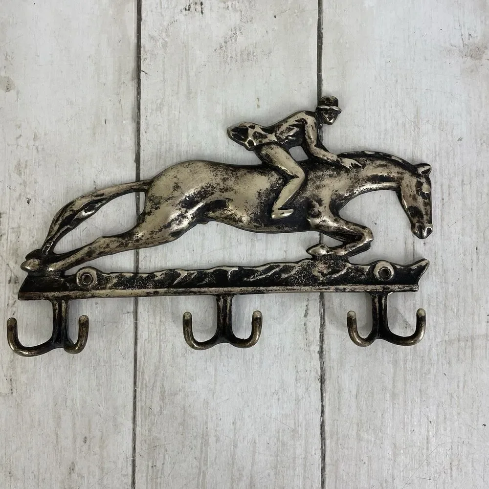 Vintage Brass Horse Rider Wall Hanger Key 6 Hooks